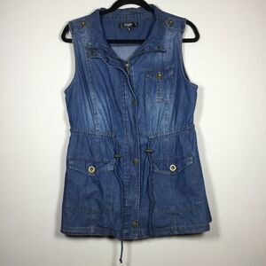 Denim utility vest oversize pockets zipper front adjustable toggle waist size M